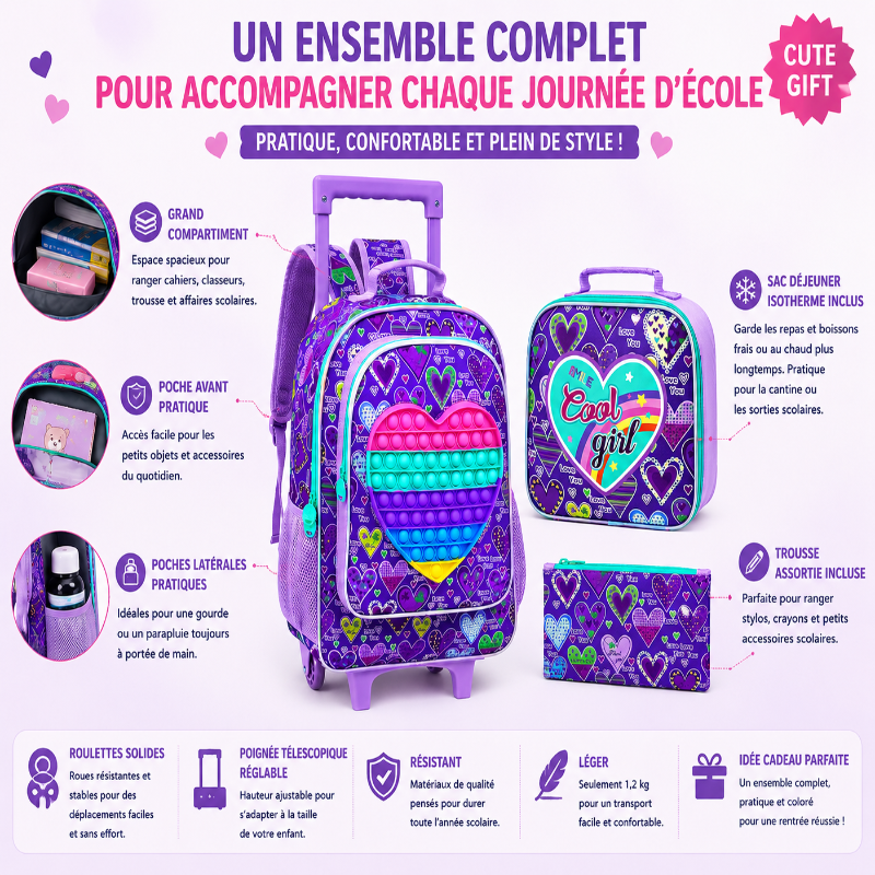 Pourquoi les parents choisissent le cartable à roulettes enfant Premier Voyage Violet avec roulettes, poignée télescopique, pop-it en forme de cœur, sac déjeuner isotherme et trousse assortie inclus pour une rentrée scolaire bien organisée.