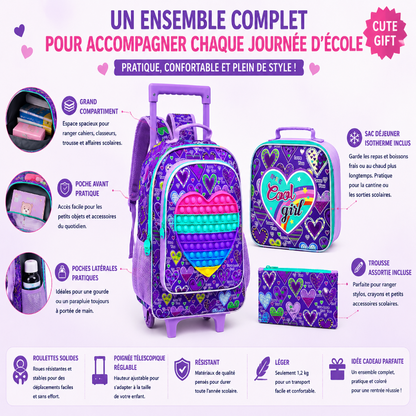 Pourquoi les parents choisissent le cartable à roulettes enfant Premier Voyage Violet avec roulettes, poignée télescopique, pop-it en forme de cœur, sac déjeuner isotherme et trousse assortie inclus pour une rentrée scolaire bien organisée.