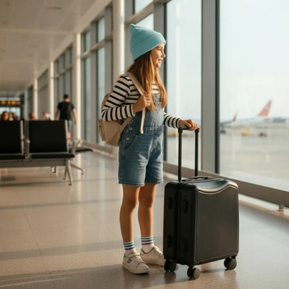 fille avec valise noir regarde l'avion