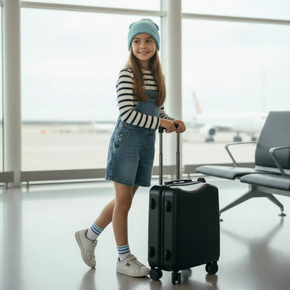 fille valise noir debout 