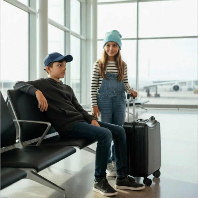 Fille avec valise noir avec son frere assis 