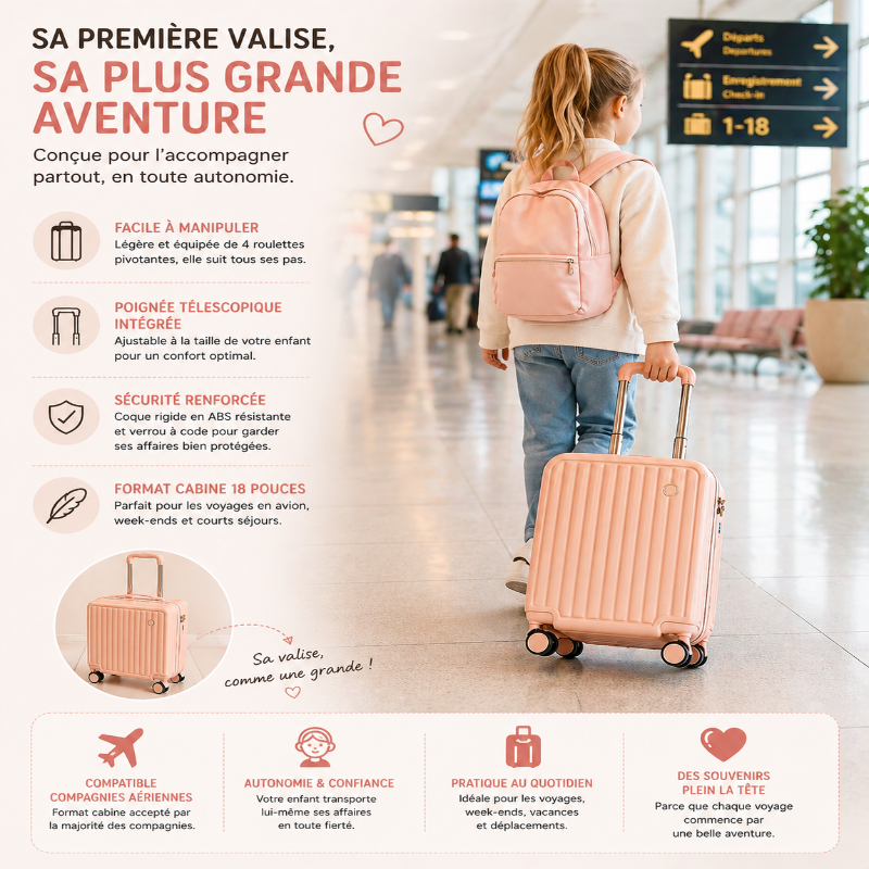 Petite valise enfant à roulettes rose au format cabine visuel description