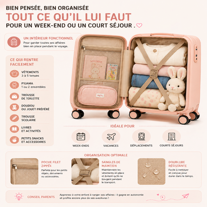 Petite valise enfant à roulettes rose au format cabine visuel details