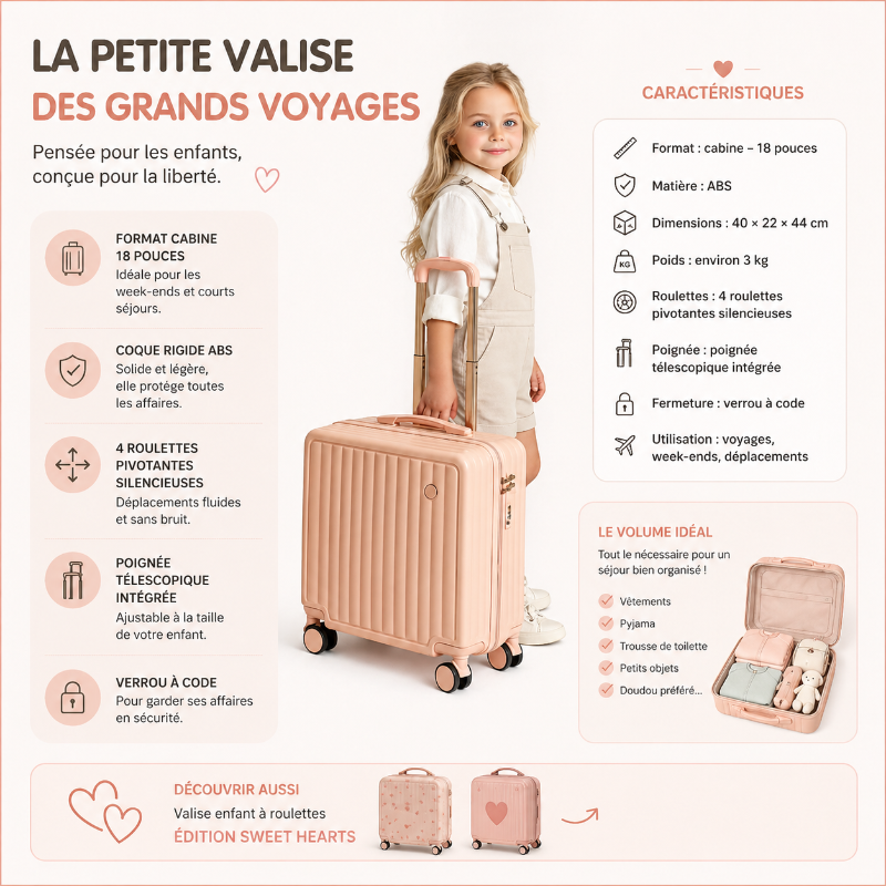 Petite valise enfant à roulettes rose au format cabine visue format 