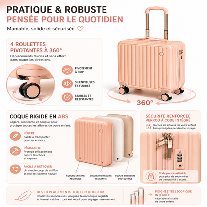 Petite valise enfant à roulettes rose au format cabine visuel roulettes