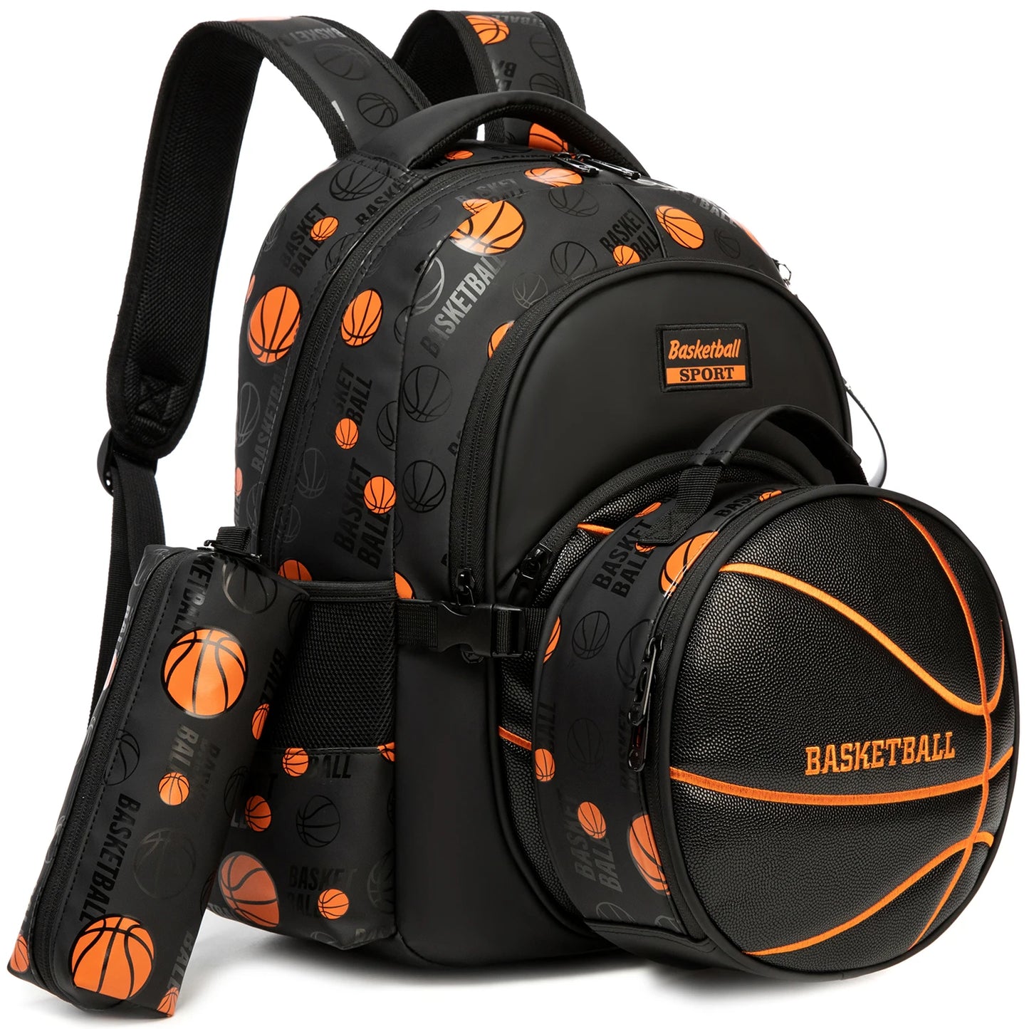 Cartable garçon 3 pièces motif Basketball avec lunch box ronde et trousse