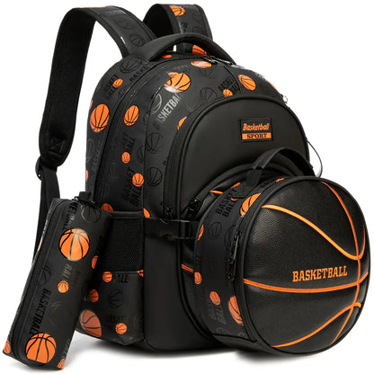 Cartable garçon 3 pièces motif Basketball avec lunch box ronde et trousse