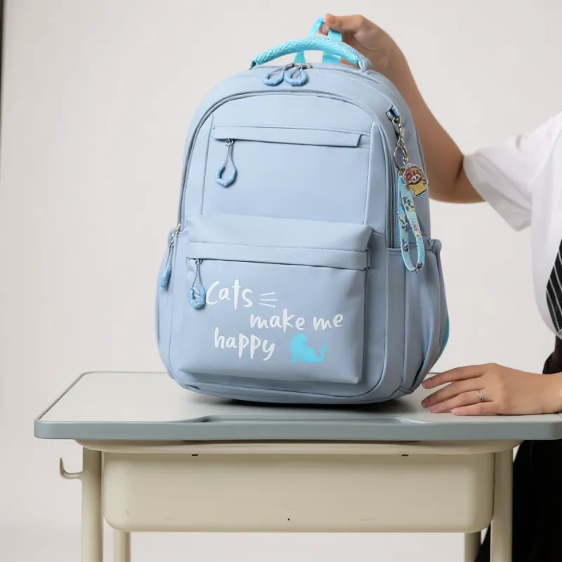 SAC ENFANT CHAT HEUREUX BLEU ECOLE