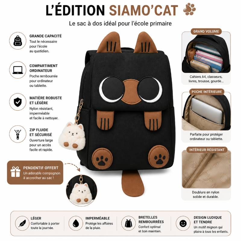 Sac à dos enfant primaire noir motif chat siamois capacite 