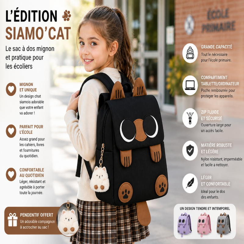 Sac à dos enfant primaire noir motif chat siamois visuel dos 