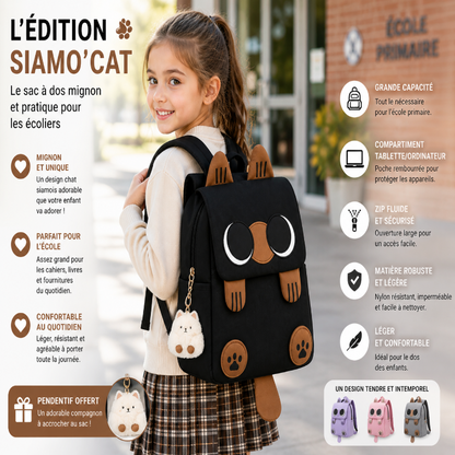 Sac à dos enfant primaire noir motif chat siamois visuel dos 