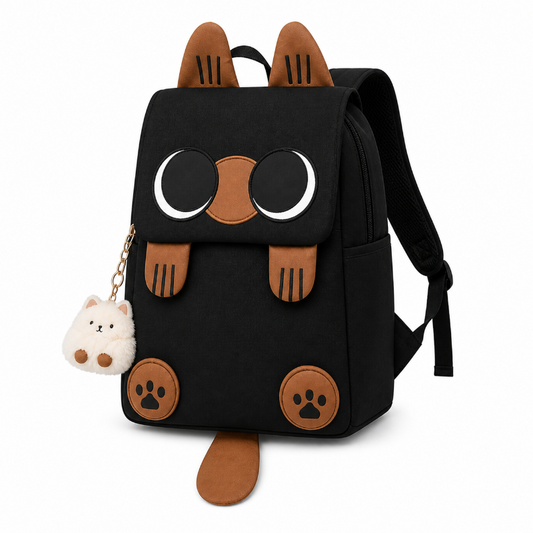 Sac à dos enfant primaire noir motif chat siamois face