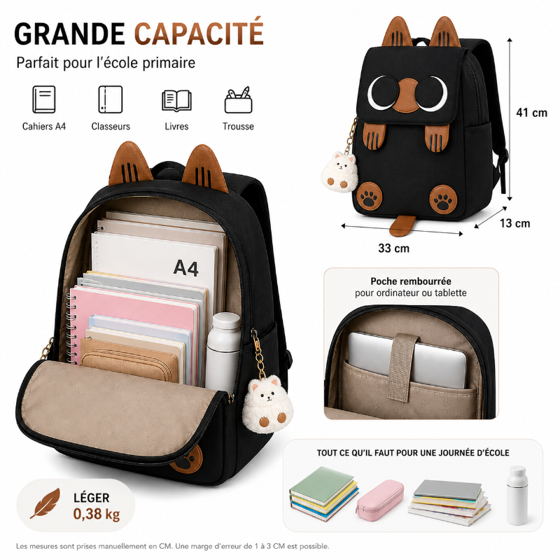 Sac à dos enfant primaire noir motif chat siamois dimensions 