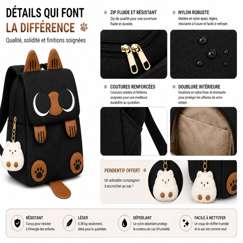 Sac à dos enfant primaire noir motif chat siamois visuel details 