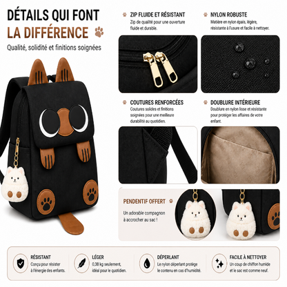 Sac à dos enfant primaire noir motif chat siamois visuel details 