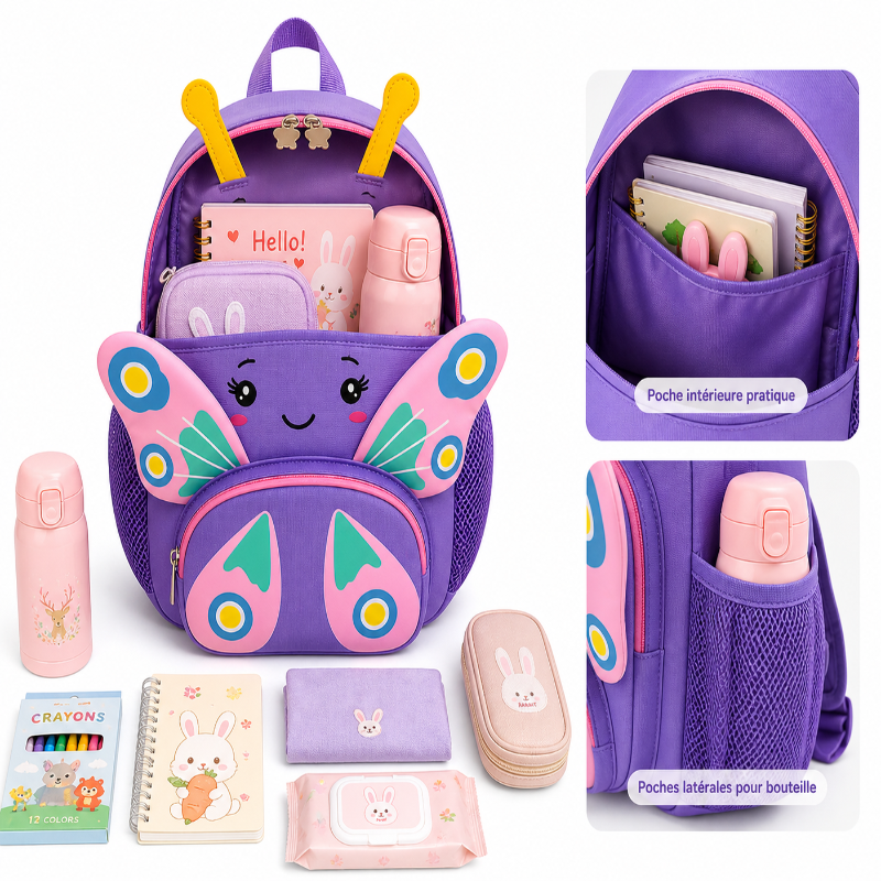 Sac à dos fille maternelle papillon violet vu de face details