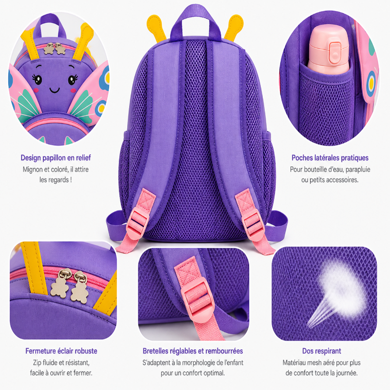 Sac à dos fille maternelle papillon violet informations 