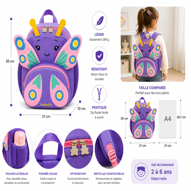 Sac à dos fille maternelle papillon violet dimensions 