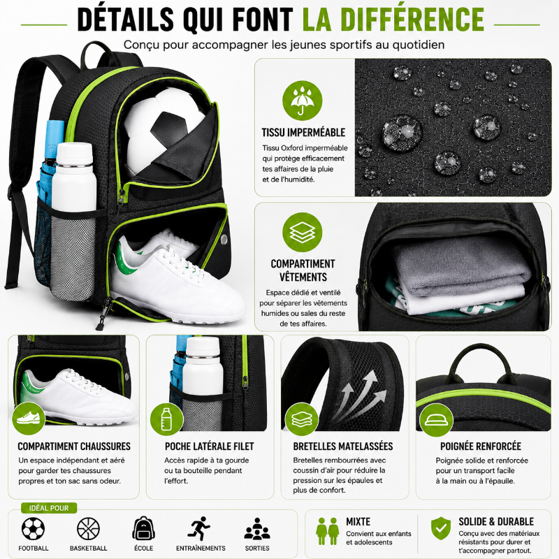 Détails du sac à dos foot enfant noir et vert avec compartiments séparés, tissu imperméable et bretelles confortables.