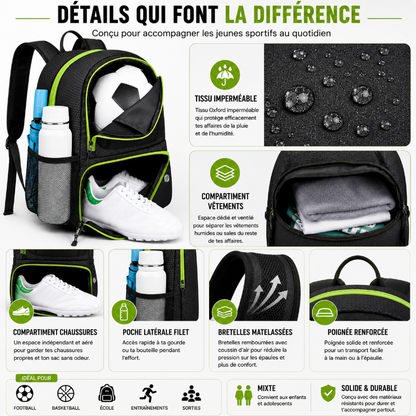 Détails du sac à dos foot enfant noir et vert avec compartiments séparés, tissu imperméable et bretelles confortables.