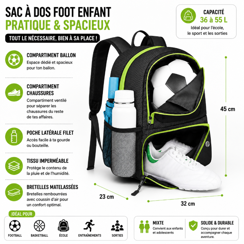 Dimensions et points clés du sac à dos foot enfant noir et vert avec compartiments séparés et grande capacité.