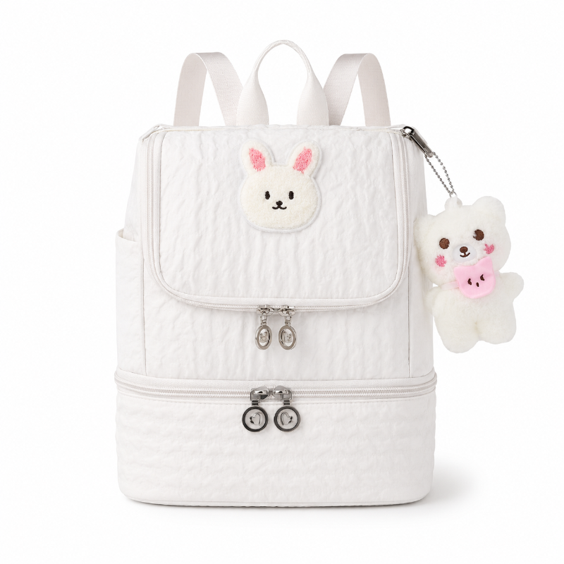 Sac à dos isotherme enfant blanc avec motif lapin kawaii et compartiment repas 