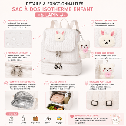 Détails et fonctionnalités du sac à dos isotherme enfant lapin blanc avec bretelles ajustables et compartiment isotherme.