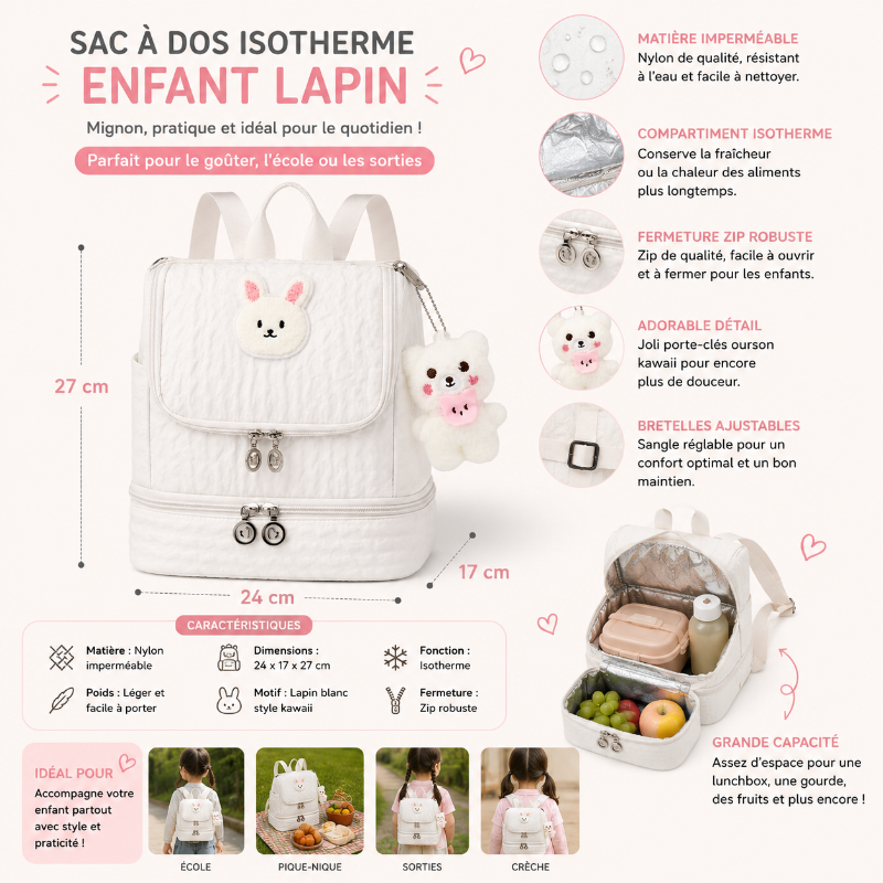 Dimensions et caractéristiques du sac à dos isotherme enfant lapin blanc avec compartiment repas intégré.