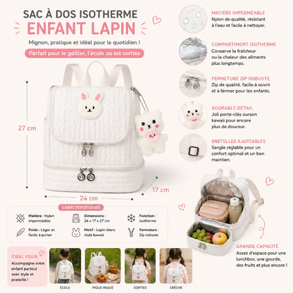 Dimensions et caractéristiques du sac à dos isotherme enfant lapin blanc avec compartiment repas intégré.