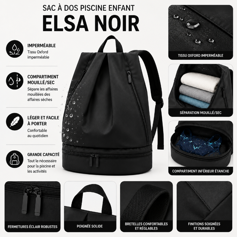 Détails du sac à dos piscine enfant Elsa noir avec tissu imperméable, compartiment mouillé/sec et bretelles