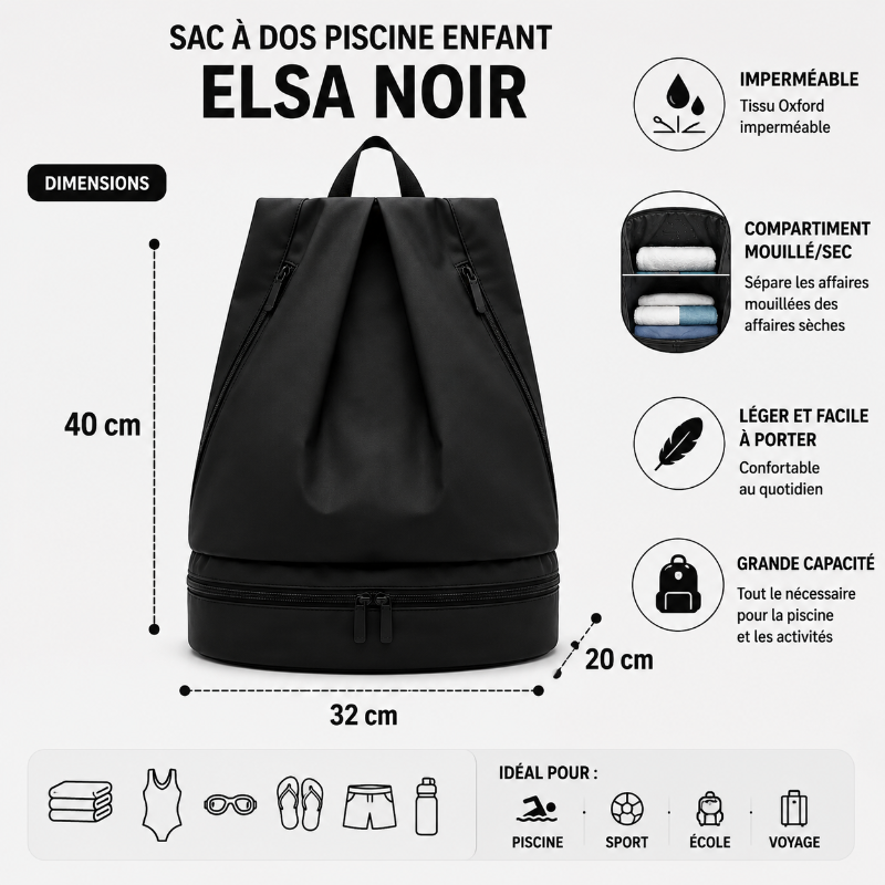 Dimensions du sac à dos piscine enfant Elsa noir avec compartiment mouillé/sec et tissu imperméable.