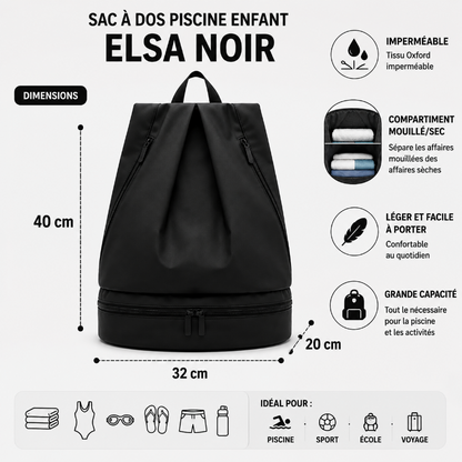 Dimensions du sac à dos piscine enfant Elsa noir avec compartiment mouillé/sec et tissu imperméable.