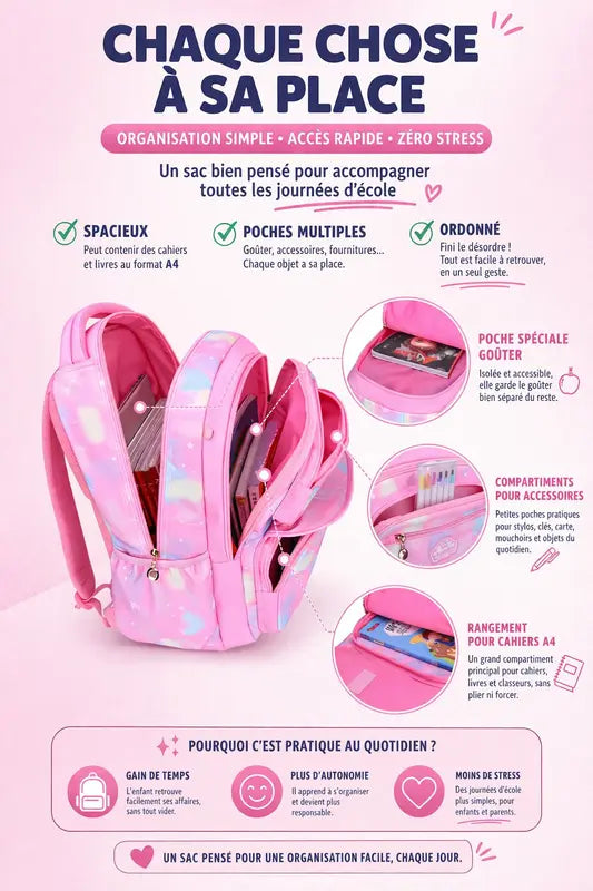 Sac a dos primaire fille arc en ciel visuel détaillé 