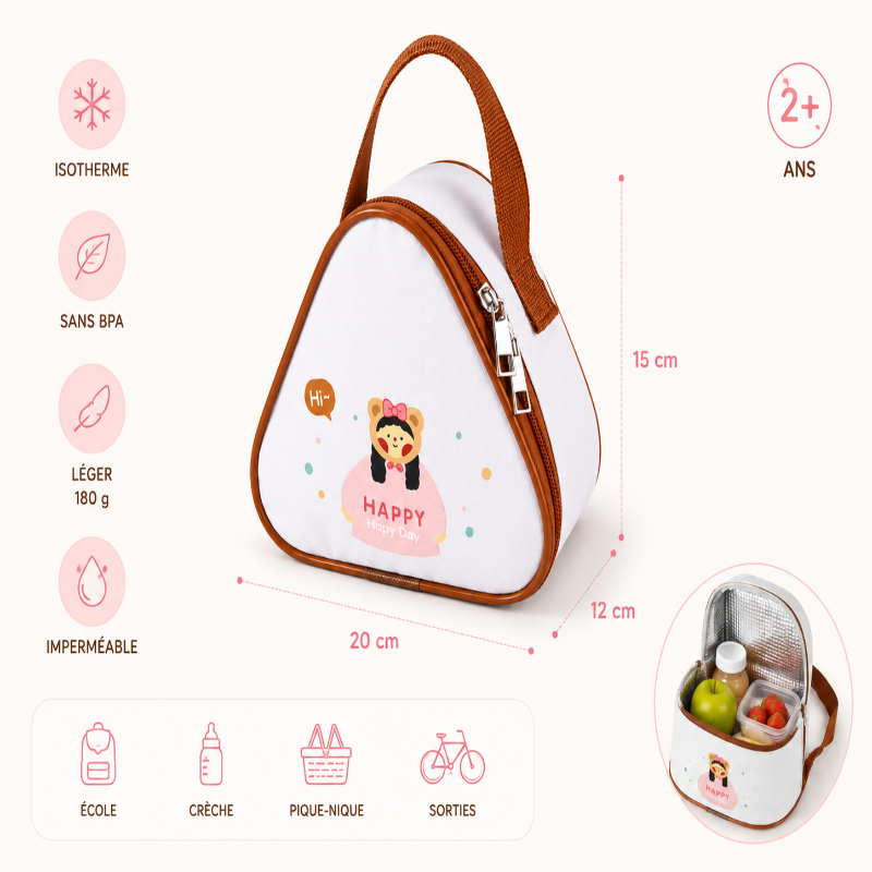 Visuel du sac à goûter isotherme Lola Ourson avec dimensions essentielles et fonctionnalités principales.