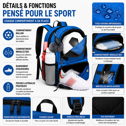 Détails du sac de sport enfant bleu avec compartiments ballon, chaussures, tissu imperméable et bretelles matelassées.