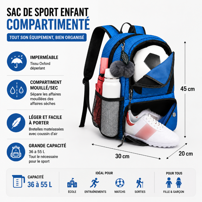 Dimensions et points clés du sac de sport enfant bleu avec compartiments ballon, chaussures et grande capacité.