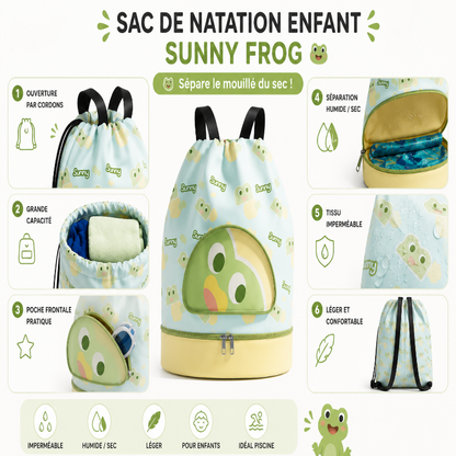 Détails simplifiés du sac de natation enfant Sunny Frog avec séparation humide/sec et tissu imperméable.