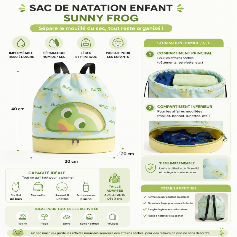 Dimensions et caractéristiques du sac de natation enfant Sunny Frog avec séparation humide/sec et tissu imperméable.