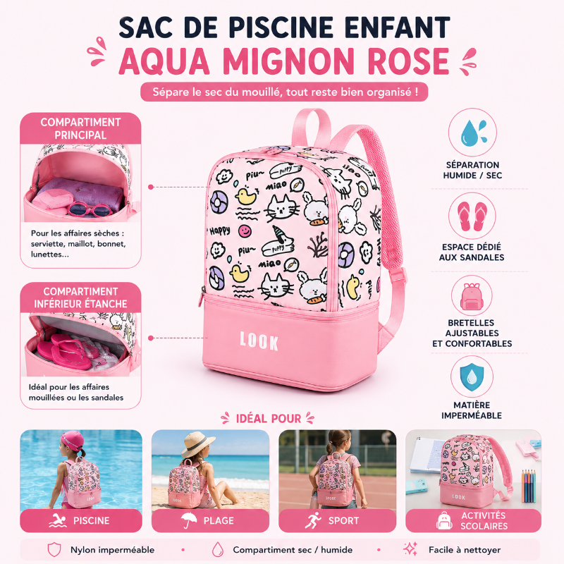 Pourquoi les parents choisissent le sac de piscine enfant Aqua Mignon Rose avec séparation sec et humide, rangement pratique et entretien facile.
