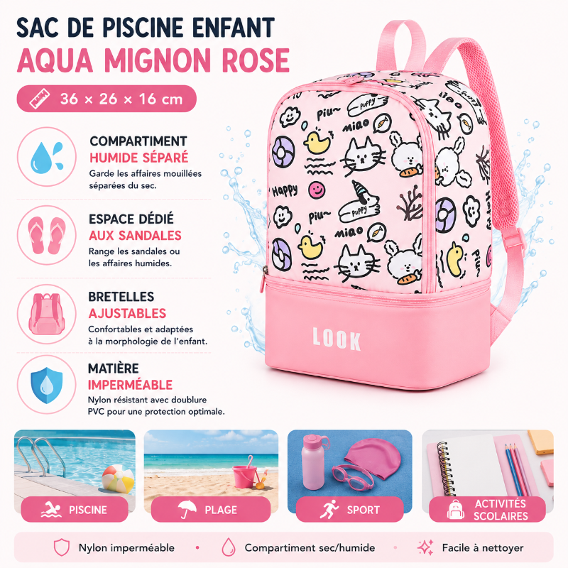 Dimensions et caractéristiques du sac de piscine enfant Aqua Mignon Rose avec compartiment humide séparé, matière imperméable et bretelles ajustables