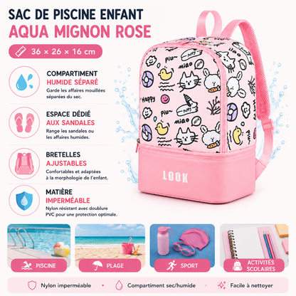 Dimensions et caractéristiques du sac de piscine enfant Aqua Mignon Rose avec compartiment humide séparé, matière imperméable et bretelles ajustables