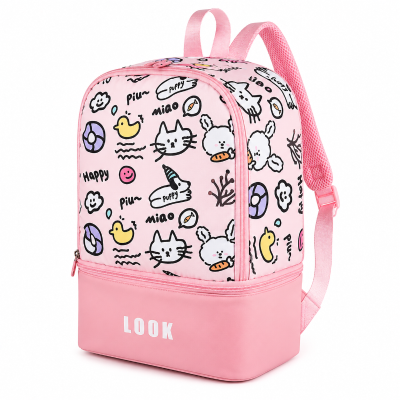 Sac de piscine enfant Aqua Mignon Rose avec compartiment sec et humide séparé, motif chats et lapins