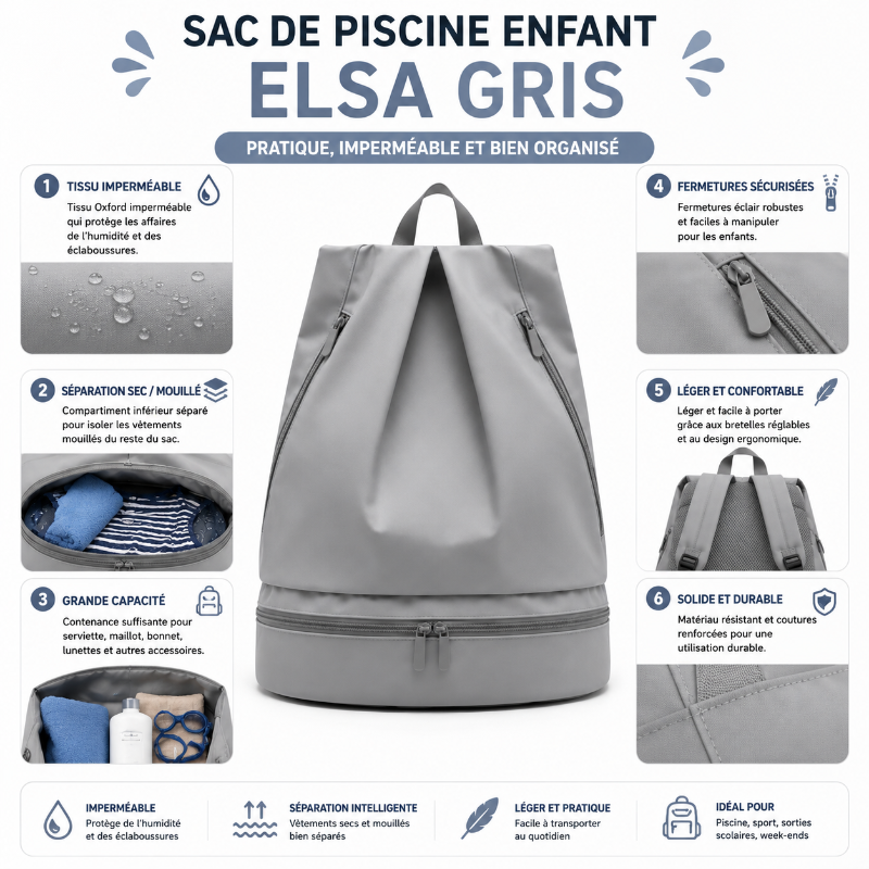 Détails du sac de piscine enfant Elsa gris avec compartiment séparé, tissu imperméable et fermetures sécurisées.