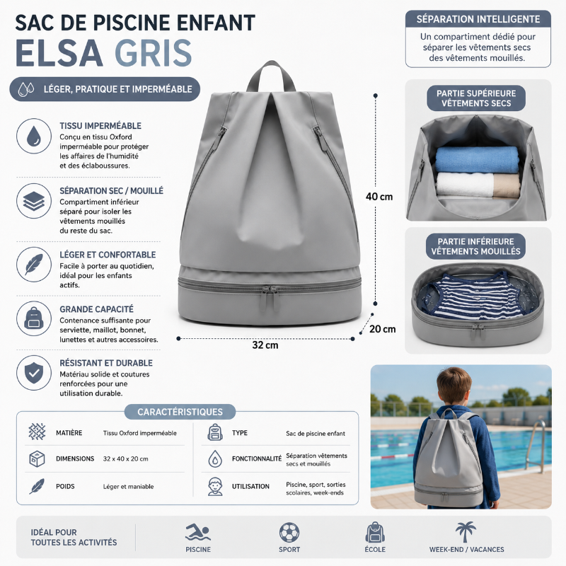 Dimensions et caractéristiques du sac de piscine enfant Elsa gris avec séparation vêtements secs et mouillés.