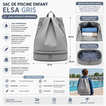 Dimensions et caractéristiques du sac de piscine enfant Elsa gris avec séparation vêtements secs et mouillés.