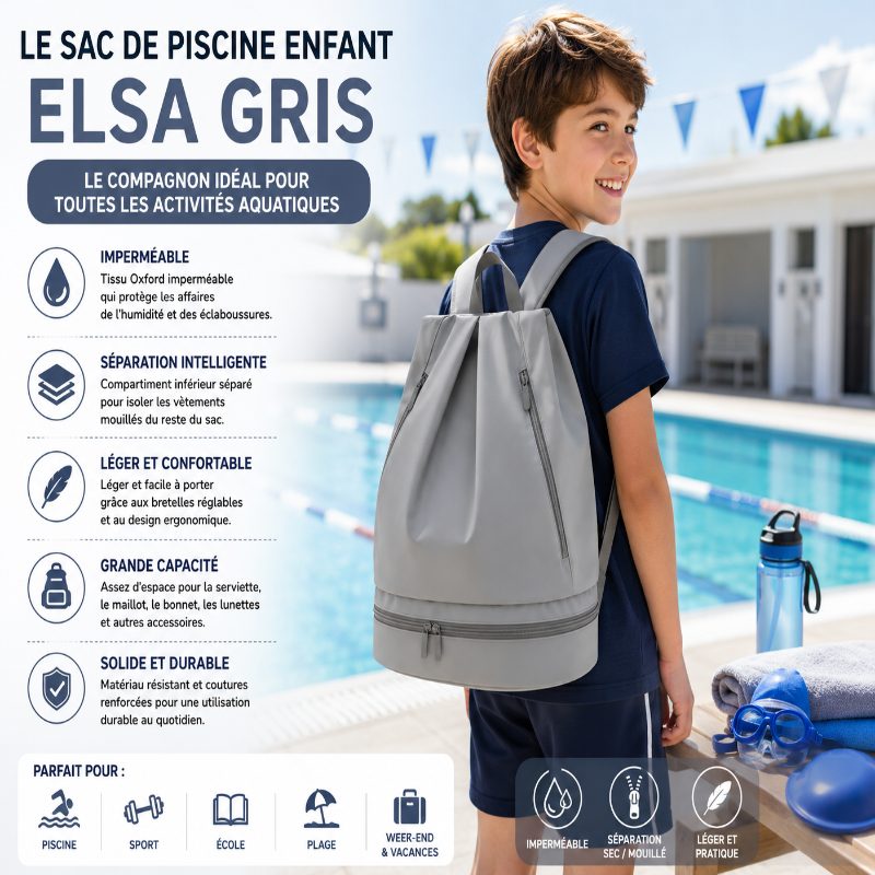  Enfant portant le sac de piscine enfant Elsa gris au bord de la piscine