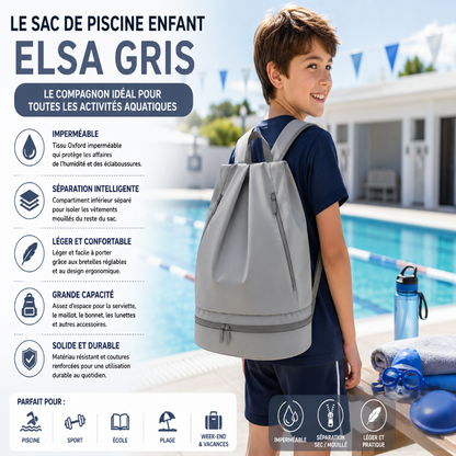  Enfant portant le sac de piscine enfant Elsa gris au bord de la piscine