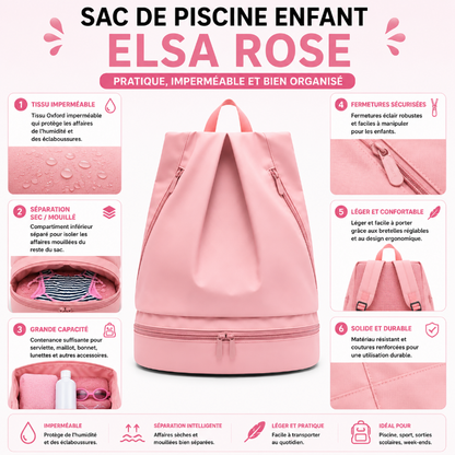 Détails du sac de piscine enfant Elsa rose avec tissu imperméable, compartiment séparé et bretelles