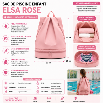 Dimensions et caractéristiques du sac de piscine enfant Elsa rose avec séparation affaires sèches et mouillées.