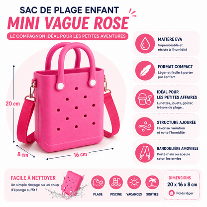Dimensions et points clés du sac de plage enfant rose avec matière EVA imperméable, format compact et bandoulière amovible.